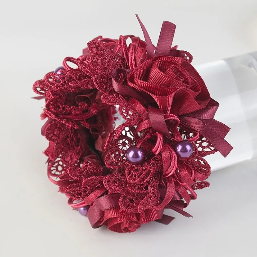 Sweet Lace Hair Tie Polyester Fabric Bow Flower Embroidered Hair Scrunchies Lightweight Hair Rope Hair Accessory Bridal Hair