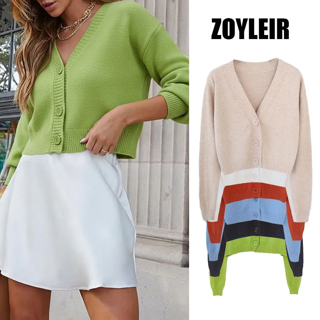 Cardigan corto lavorato a maglia Donna Maglione corto coreano Manica lunga Crop Top Scollo a V Moda Y2k Abbigliamento Verde Blu
