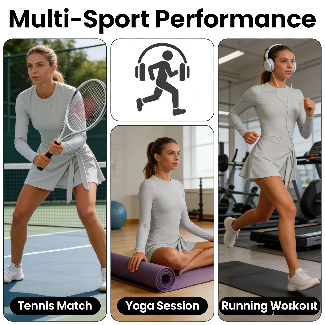

Women's 2-in-1 Anti-Slip Sports Tennis Dress Slim-Fit Long-Sleeve Tie-Back Cutout Yoga Fitness Wear 2-in-1 Design