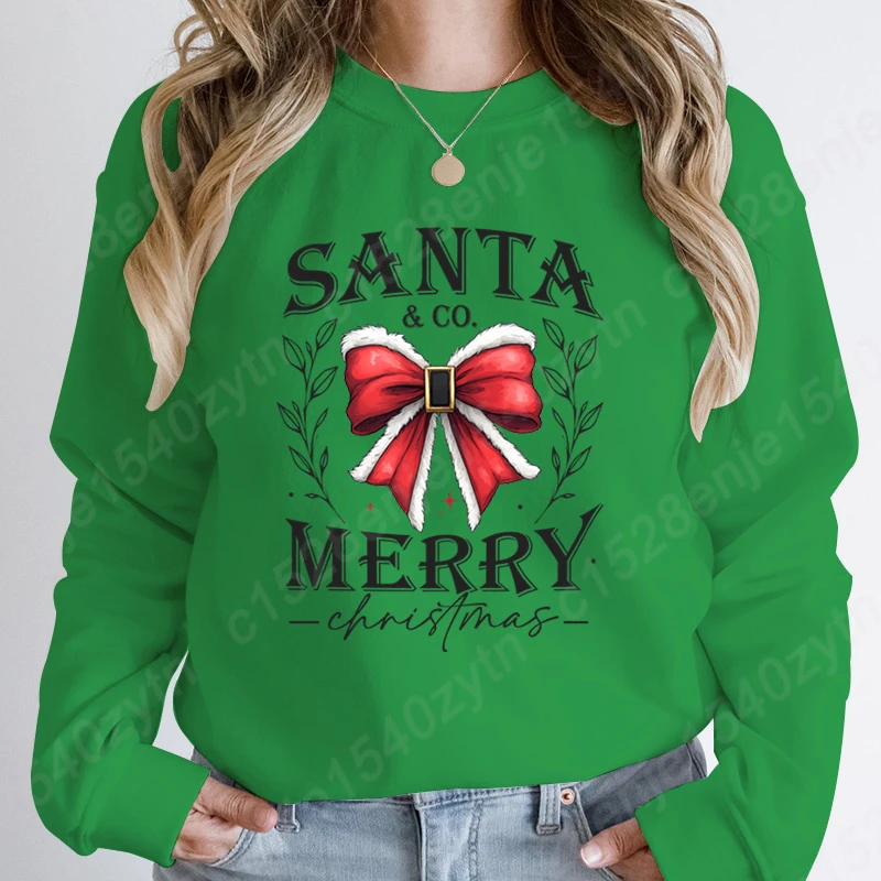 Bow Santa & Co Merry Christmas Print Pullovers Women Fashion Casual Sports Hoodeless Sweatshirts Ladies Pure Color Oversize Tops