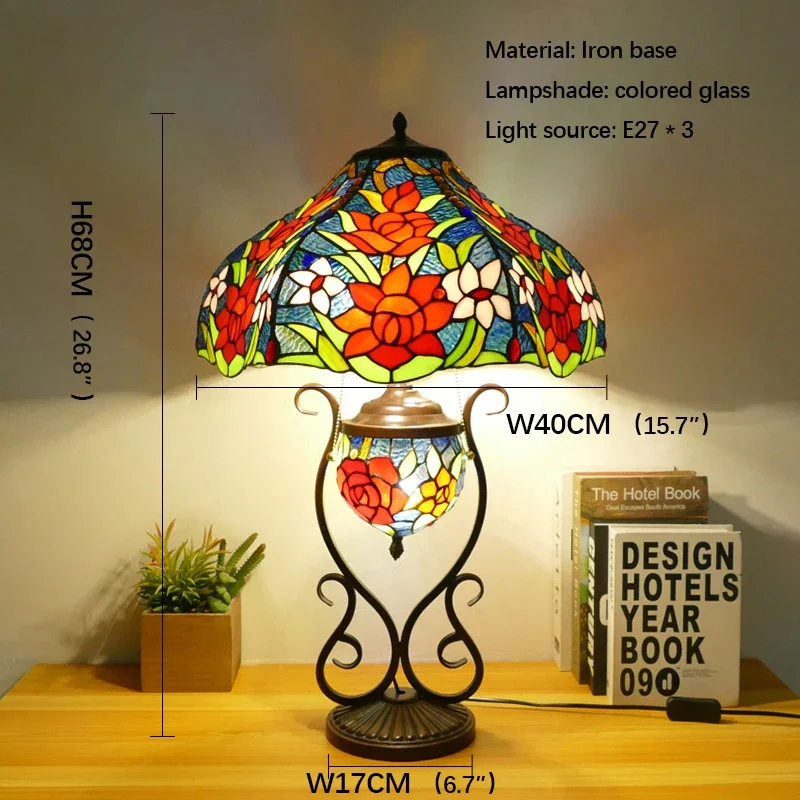 SEAN Tiffany Table Lamp American Retro Living Room Bedroom Lamp Luxurious Villa Hotel  Stained Glass Desk Lamp