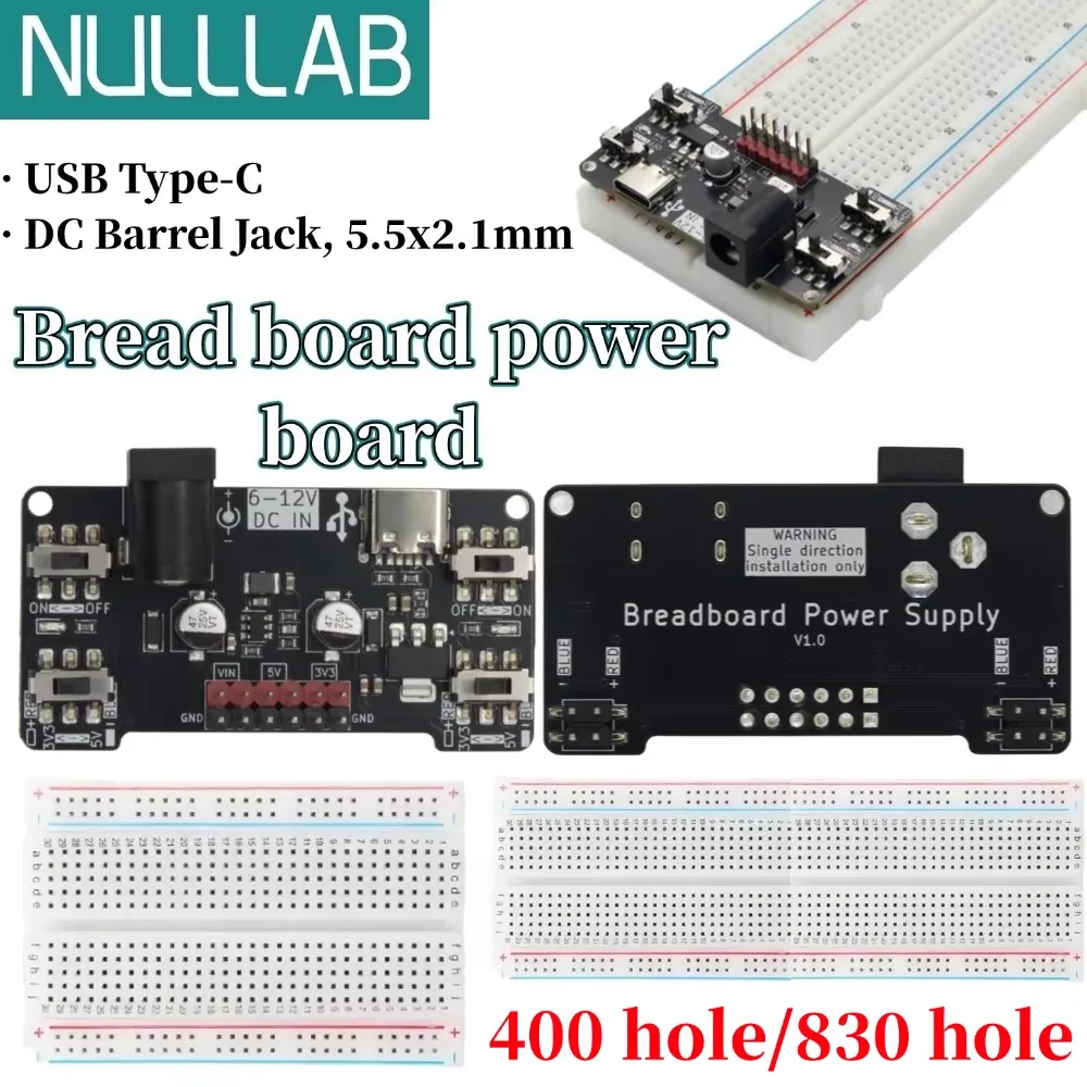 Image of Breadboard-Stromversorgungsplatine 3,3/5V, separat steuerbar, 2,1 * 5,5mm DC-Anschluss, 6-12V Eingang, USB-C-Schnittstelle, Ausgangsspannung schaltbar