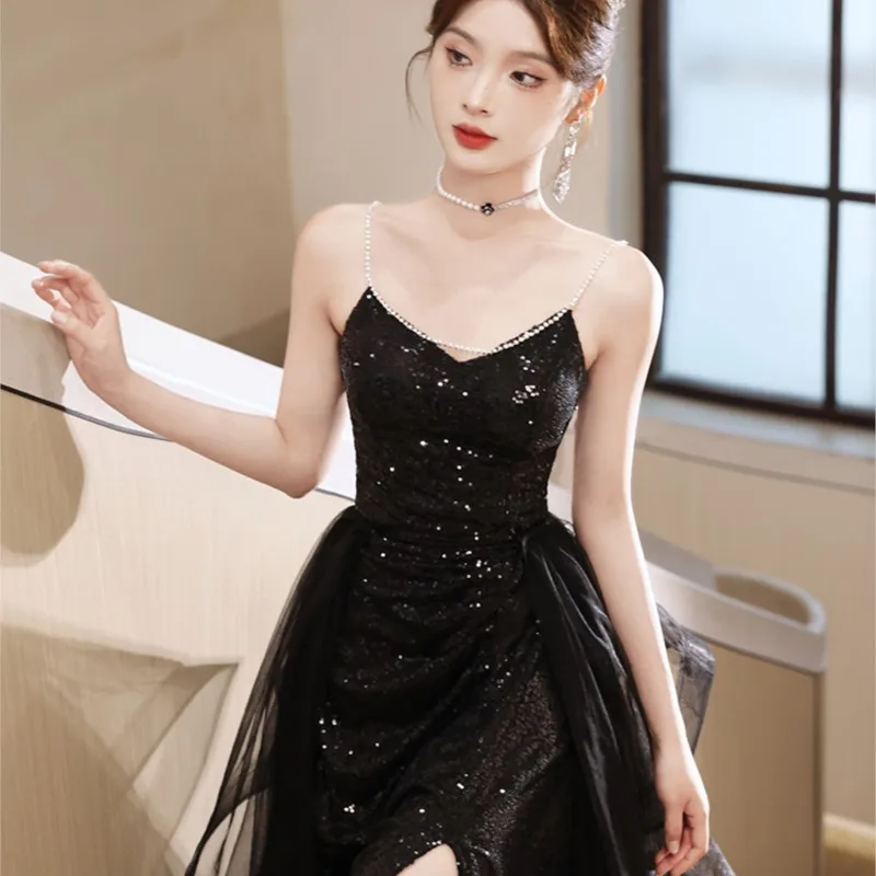 Black banquet light luxury small strap host human arts test sense of mitzvah dress