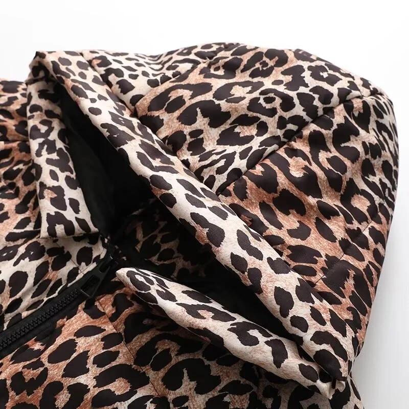 Winter 2024 Women's Long Sve Leopard Print Cotton Jaet Coat Commute Versatile Design Loose Fit Zipper Closure Outerwear
