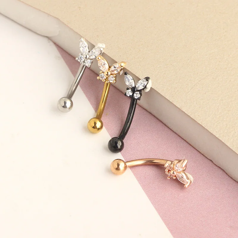 Gold Rook Piercing Jewelry 14K Solid Gold Butterfly Eyebrow Stud Helix Earring Rook Earrings 16G Daith Curved Barbell view 3