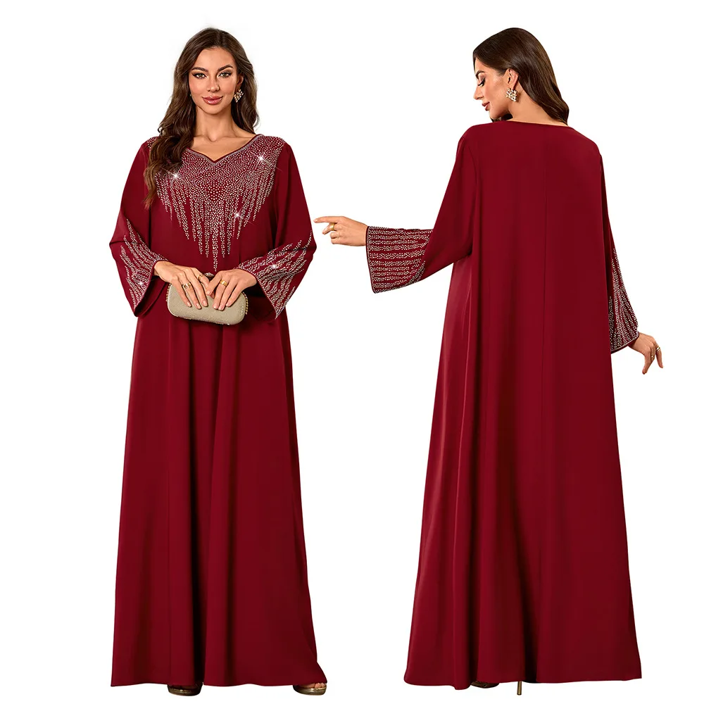 

Women's Clothing Muslim Fashion Abaya Fashionable Rhinestone V-neck Loose Casual Dubai-style New Dress
