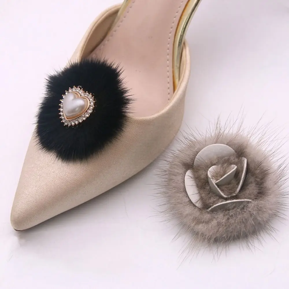 Fashion Mink Hair Pompom Shoe Clip Detachable Replacement Shoe Flower Decoration Fluffy Clamp Charm Buckle High Heel