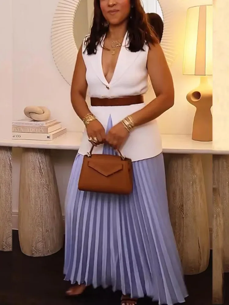 

HH Women's Summer New Fashion High Waist Slim Solid Pleated Midi Casual Skirt Female Elegant Simple Party Long Draped Skirt