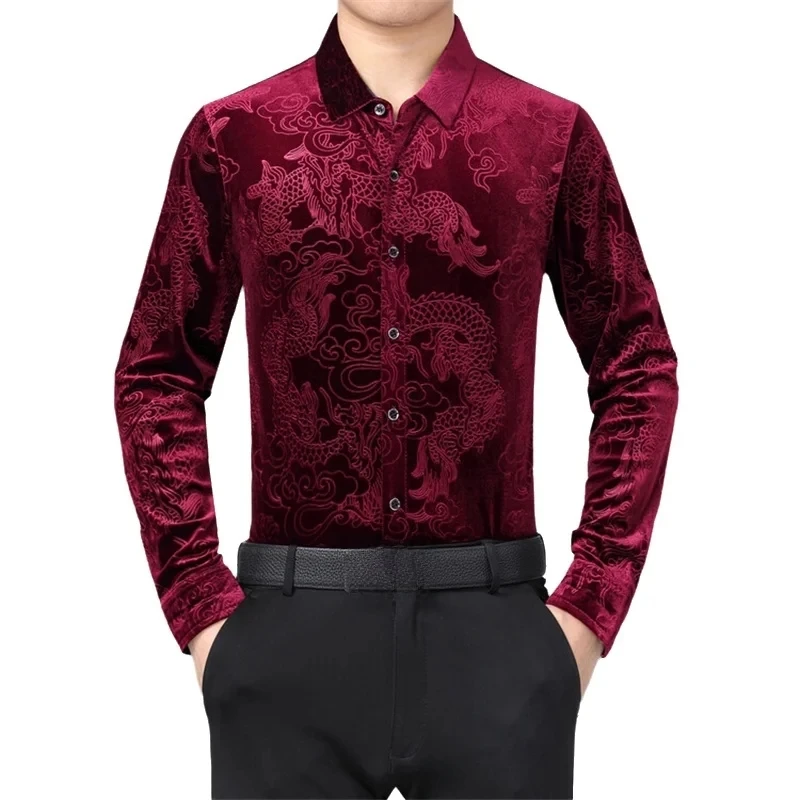 Men's Long Sleeve Shirt Chinese Loong Pattern Traditional Oriental Style Casual Formal Party Fashion Men's Wear