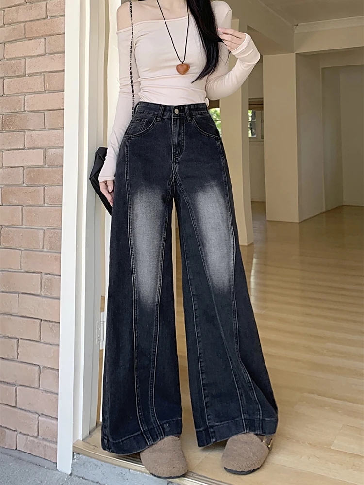 

Американские джинсы с высокой талией и широкими штанинами для женщин, весенне-осенние, черные, с эффектом похудения, длиной в пол