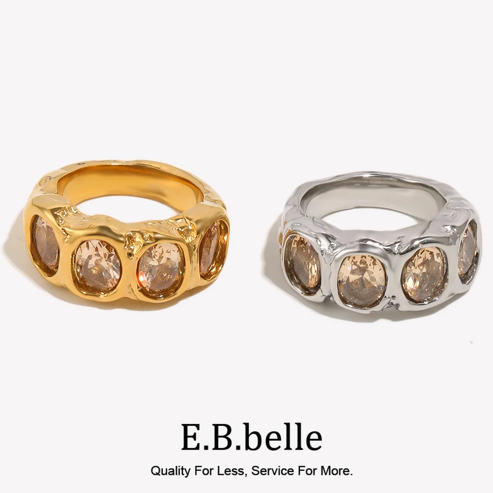 E.B.belle Texturierter Ovaler Champagner CZ Ring Gehämmerte Oberfläche 18K Vergoldeter Edelstahlring Luxus Wasserdichter Damenschmuck