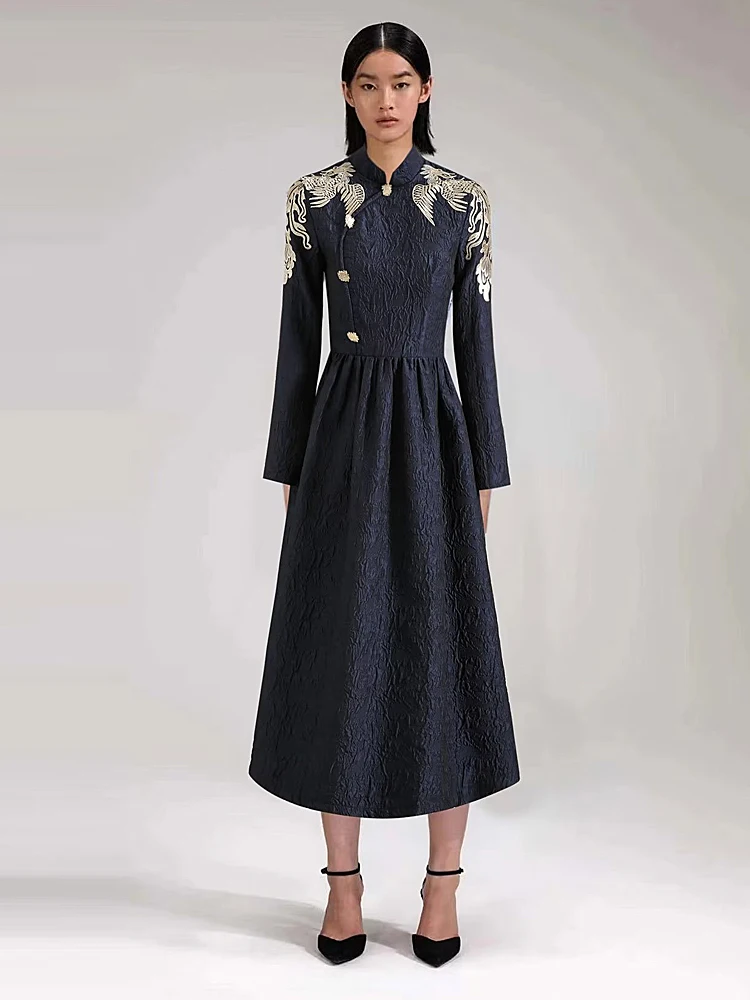 

Runway New Female Spring High Quality Fashion Party Navy Blue Embroidery Elegant Vintage Slim Office Workplace Chic Midi Dress