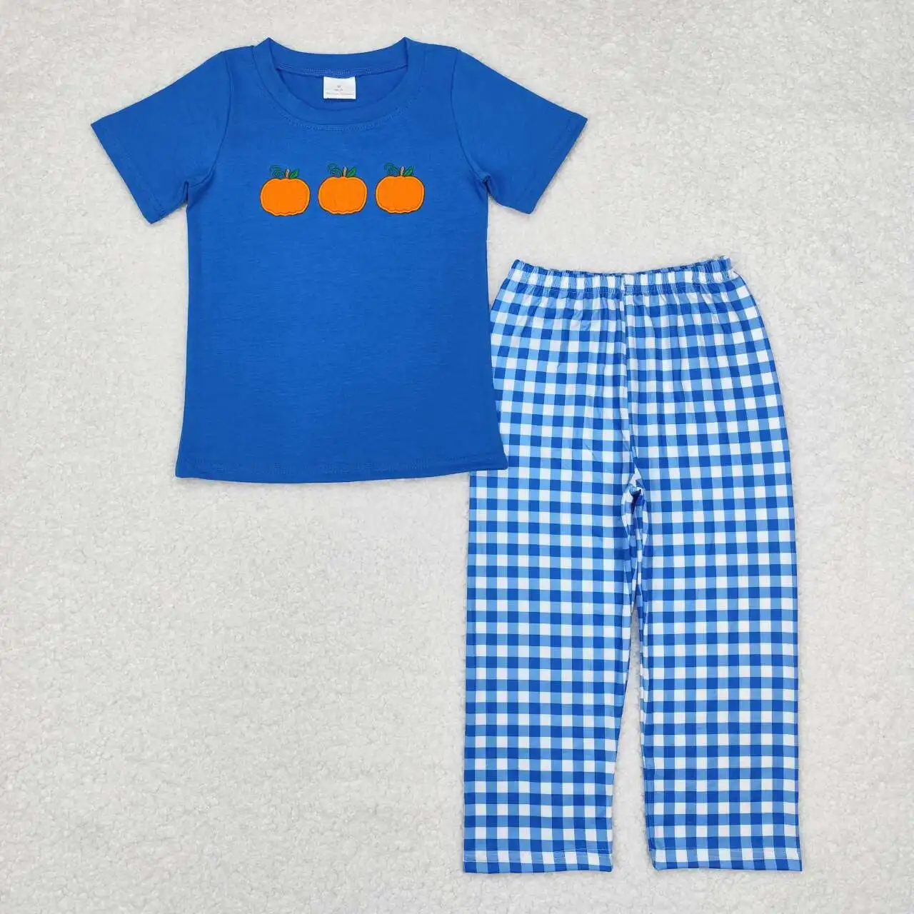 

Ready to ship baby boy embroidery fall pumpkin top blue plaid pants fall winter clothes wholesale kids autumn season outfit