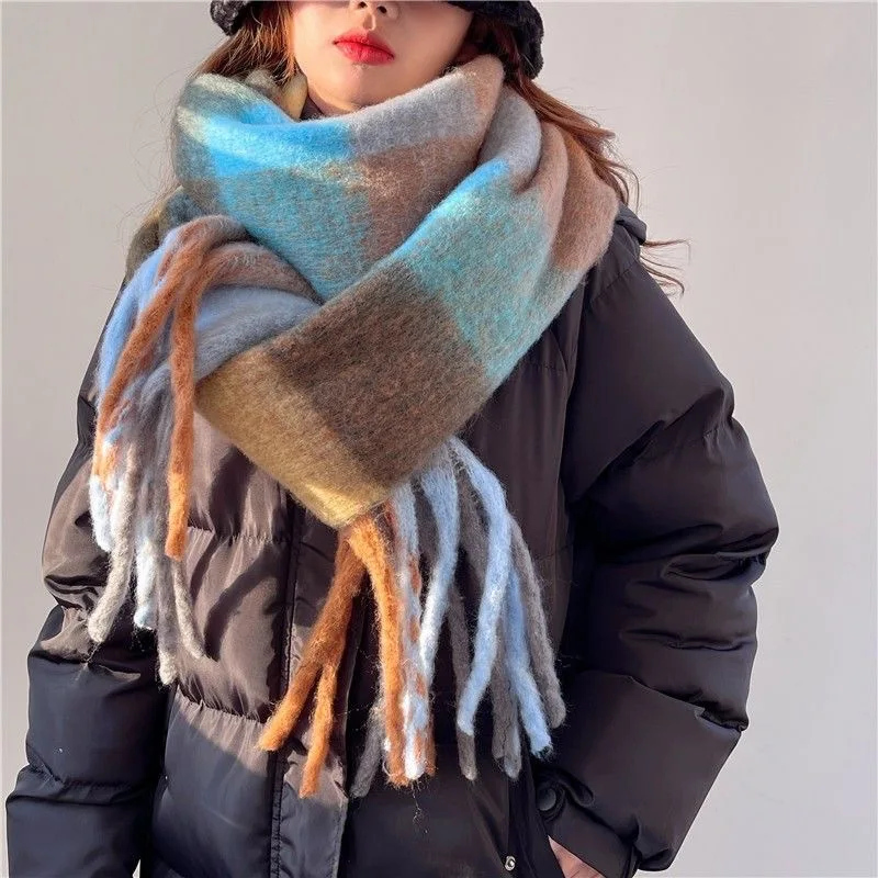 New Plaid Tassel Mohair Women Scarf Winter Rainbow Color Warm Thickened Long Scarves Soft Coarse Braid Shawl Viscose Wrap Shawls