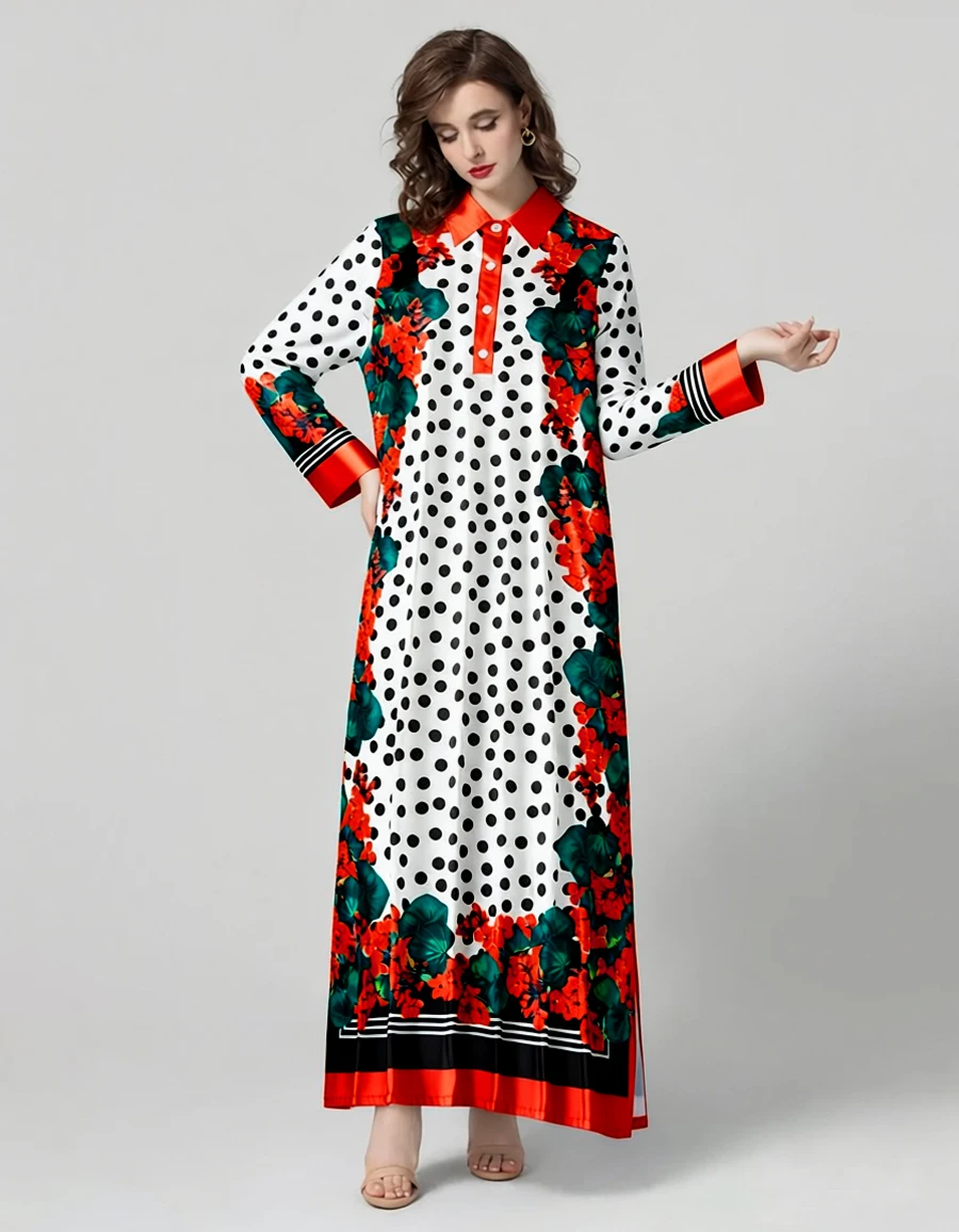 Abito lungo da donna con stampa floreale rossa e pois, colletto abbottonato, maniche lunghe, abiti fluidi stile vintage