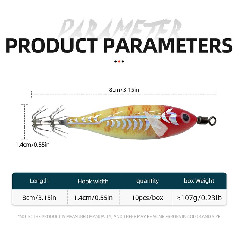 ShareShark 10 Stück/Box 8cm/5,7g Leuchtender Tintenfisch-Jig-Köder, Holz-Garnelen-Köder, Künstlicher Köder, Tintenfisch-Haken-Köder – Detail 7