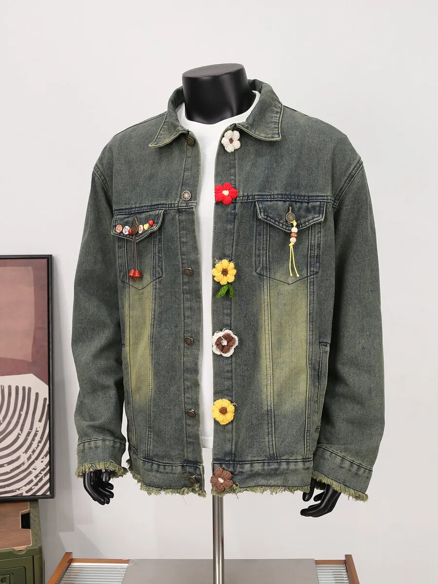 

Waed Vintage Yellow Mud Color Hand Sewn Flower Retro Denim Jaet ex Street Hip Hop Workwear Coat Youth Faion Jeans J...