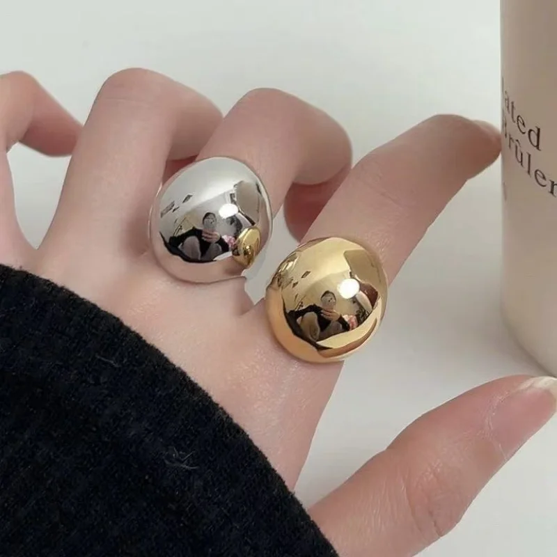 Minimalist Large round Ball Earrings And Ring for Women in Dual-Tone Gold And Silver Smooth Surface Fashion Accessory Commuting