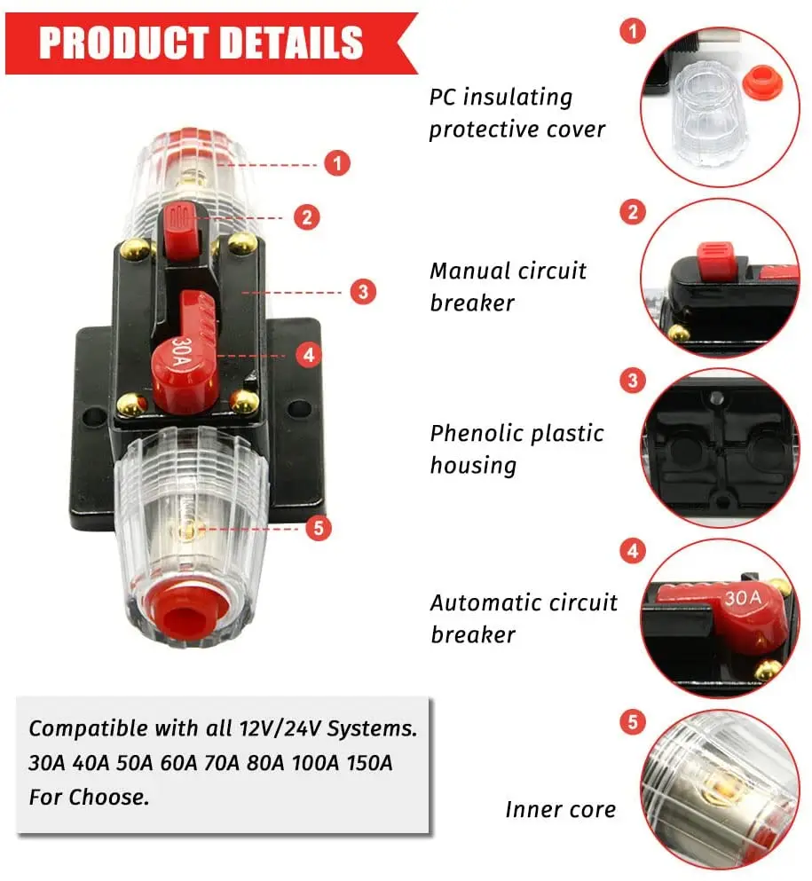 150A 100A 80A 60A 50A 40A 30A 20A Car Truck Circuit Breaker Self-recovery Auto Audio Fuse Holder Power Insurance 12V 24V