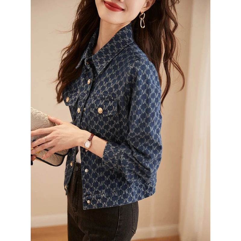 Autumn 2024 New Style Elegant Letter Denim Jacket Women\'s Fashion Simple Laps Long Sleeve Women\'s Casual Loose Jacket Coat