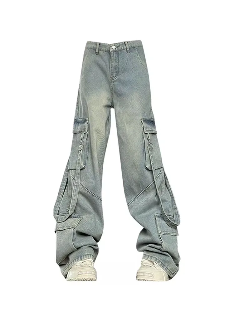 

Japanese Fashion Flared Jeans Harajuku Baggy Washed Blue Cargo Pants Hiphop Straight Cyber Casual Long Trousers Y2K Streetwear