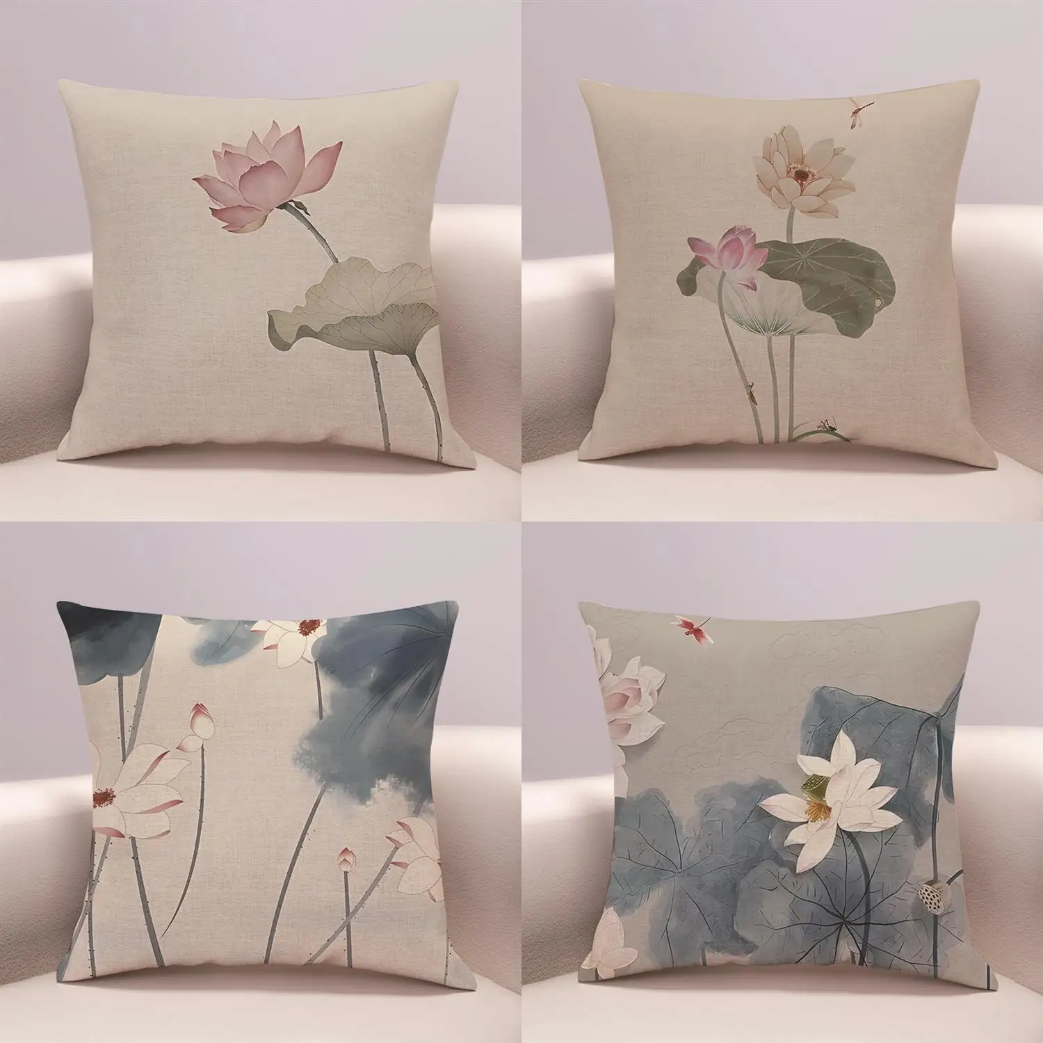 

New Chinese Style Lotus Cotton Linen Pillow, Modern And Simple Sofa, Living Room, Office Model Room, Waist Pillowcase, Pillow