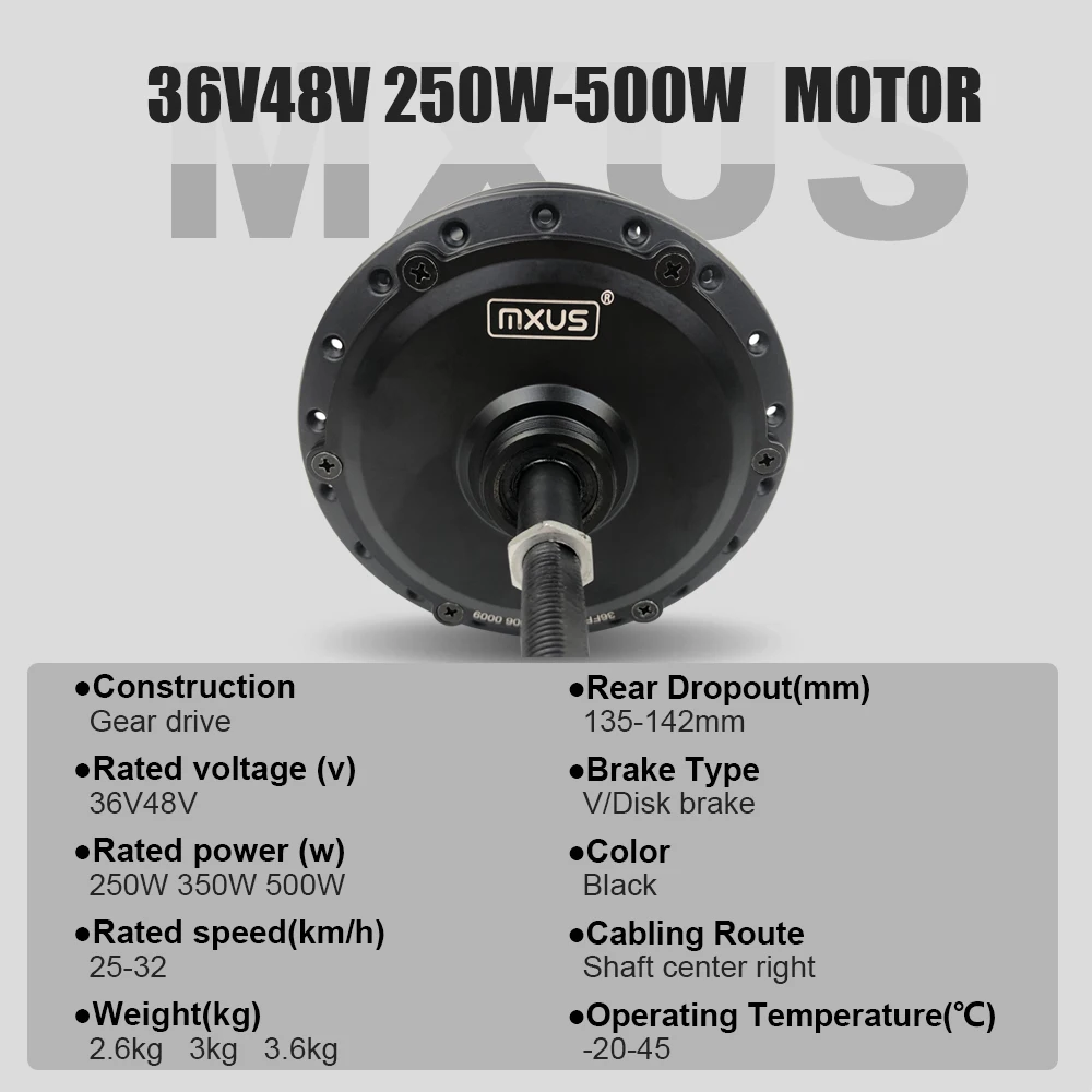 MXUS Brand Electric Bicycle Brushless Gear Hub Motor, Front Rear Wheel Drive, 250-500W, 36V,48V, XF07, XF08, XF15F, XF15R,