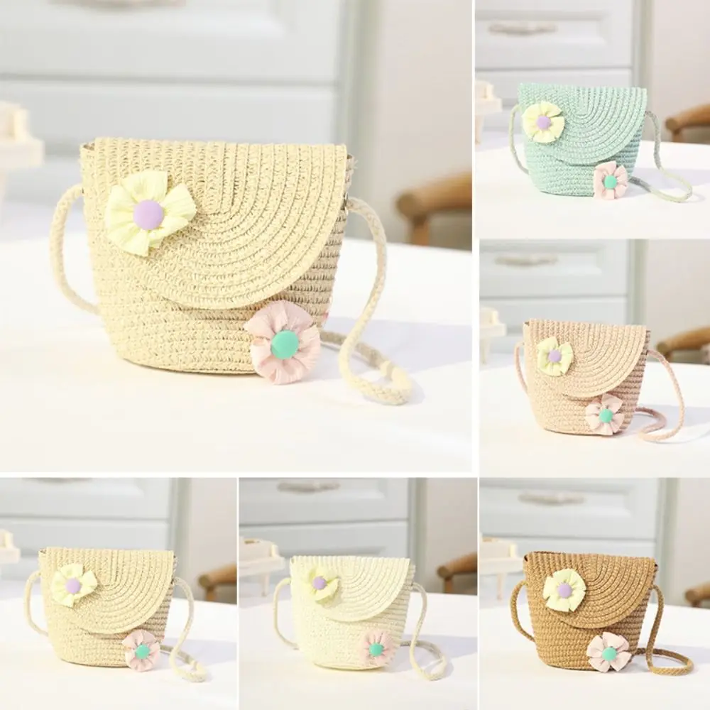 

Mini Flip Straw Bag Summer Beach Coin Purse Handmade Woven Crossbody Handbag Photo Props Kid Messenger Bags