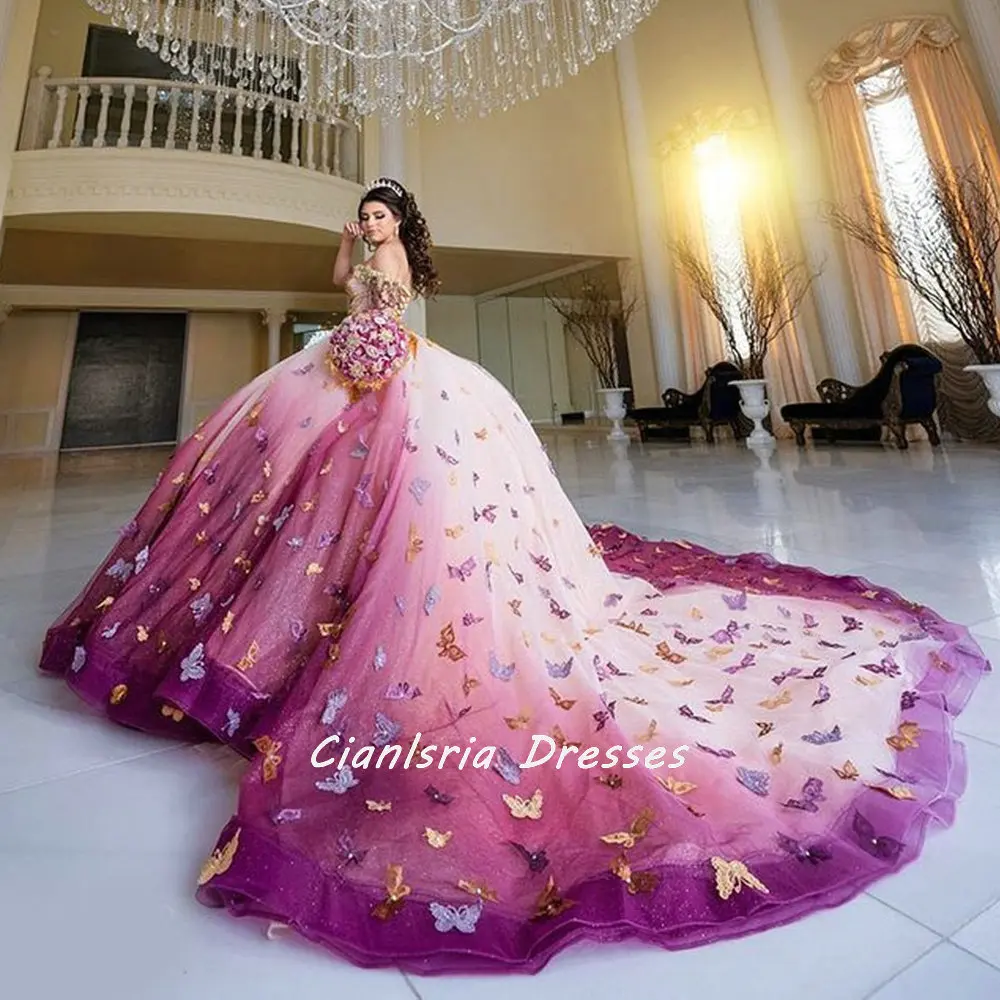 Colorful 3D Butterfly Off The Shoulder Corset Quinceanera Dresses Ball Gown Appliques Lace Sweet 16 Vestidos De 15 Años