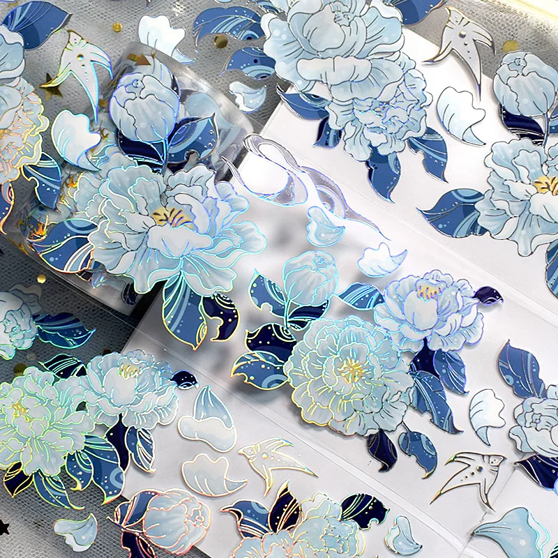 1Roll 2m Blue Flower Washi PET Tape Planner Laser Gold Foil DIY Scrapbooking Stickers Journal Aesthetic Stationery