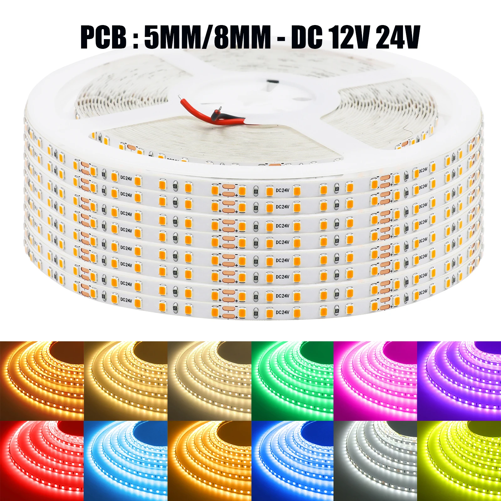 DC 12V 24V LED-Streifen PCB 5MM/8MM Weiß/Grün/Rot/Rosa/Gelb/Eisblau 2835 120LEDs/M Flexibles Band-Lichtband 5M 10M/Rolle