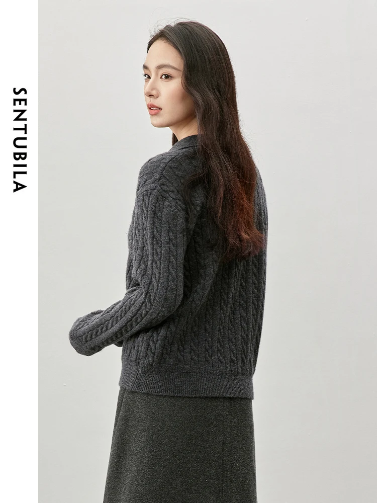 SENTUBILA Letter Embroidery Wool Pullovers for Women 2024 Winter Loose Knitted Polo Neck Long Sleeve Women Clothing W44E57156