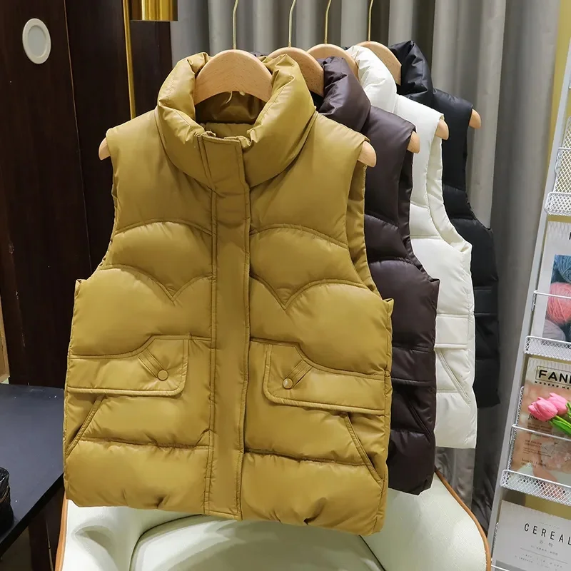Down Cotton Vest Women 2025 New Autumn Winter Fashion Stand Collar All-Match Warm Sleeveless Waistcoat Jacket Ladies Female Tops