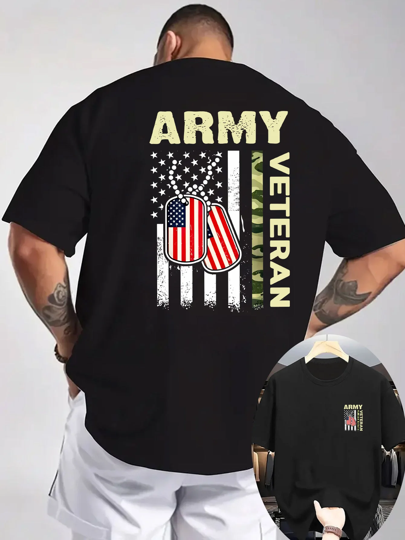 

American Flag & Dog Tag Graphic Military Veteran T-Shirt 100% Cotton O-Neck Short Sleeve Summer Casual Mens T-shirt Streetwear