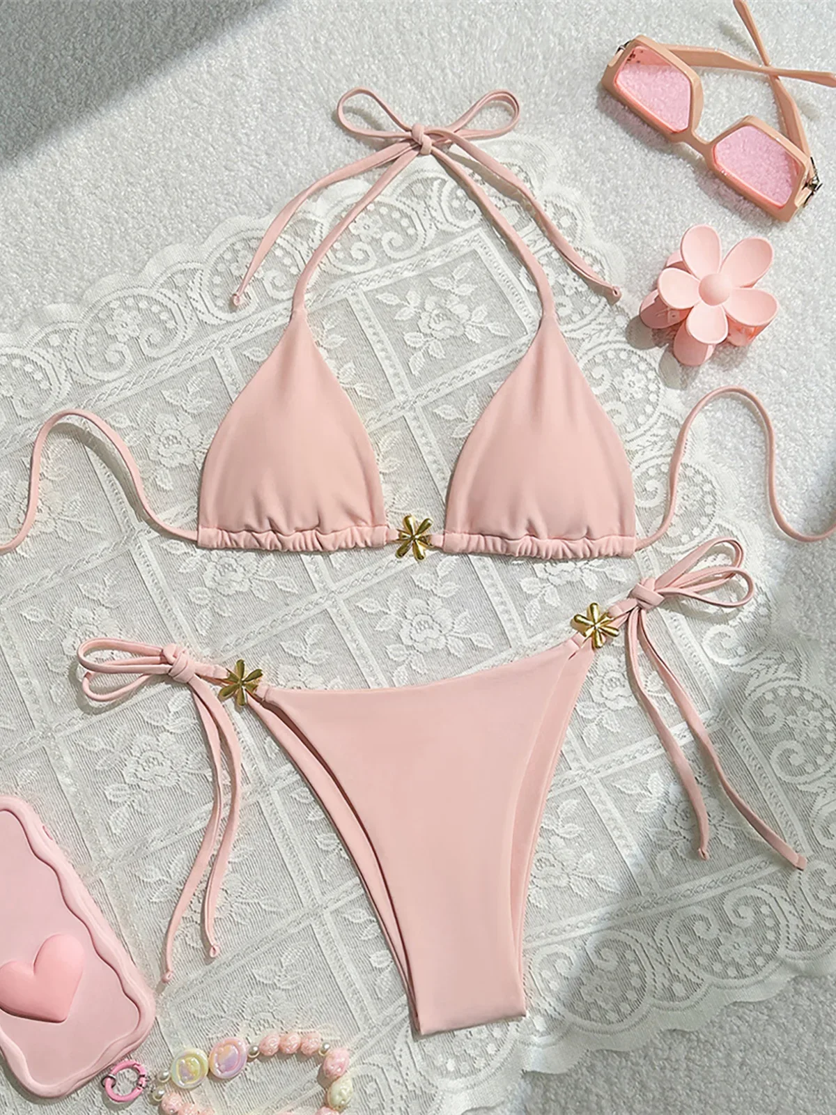 

S - XL Metal Flower Halter Strappy Bikini Female Swimsuit Women Swimwear Two-pieces Bikini set Bather Bathing Suit Swim K6504