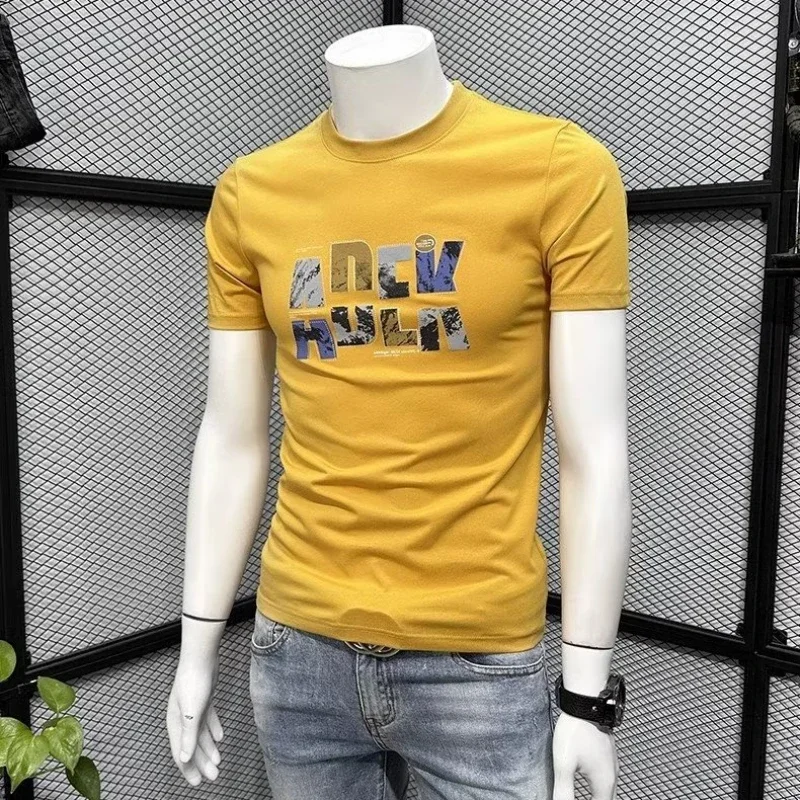 Summer Men\'s T-shirt American Cotton Breathable Sports Shirt Harajuku High Street Men\'s Clothing Yellow O Neck Printed Tees 2024