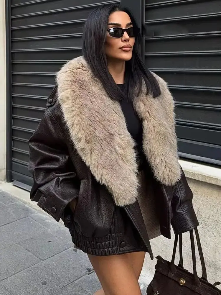 

2025 зимняя женская свободная куртка из искусственной кожи, модное повседневное пальто с большим меховым воротником, уличная двубортная верхняя одежда