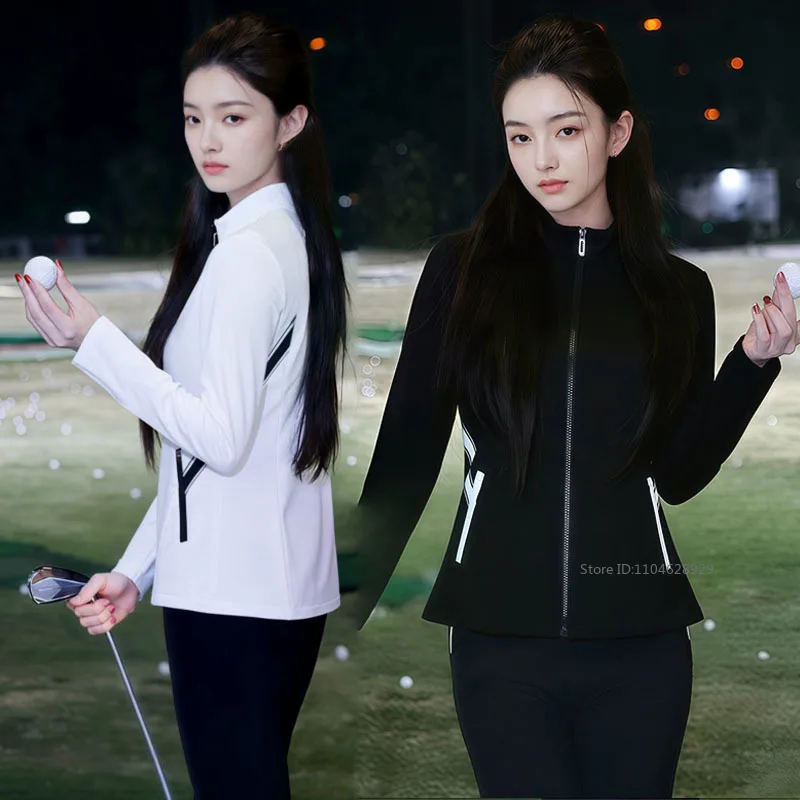 

New Golf Jacket Women Fall/winter Thicken Velvet Coats Long Sleeve Windproof Warm Jacket Ladies Sports Zipper Trench Windbreaker