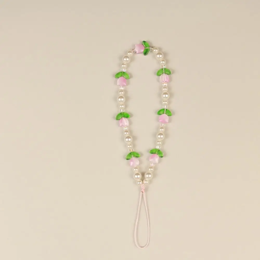 진주 비즈 튤립 비즈 폰 참 스트랩 튤립 글라스 튤립 모바일 폰 체인 짧은 컬러풀 플라워 비즈드 셀폰 스트랩