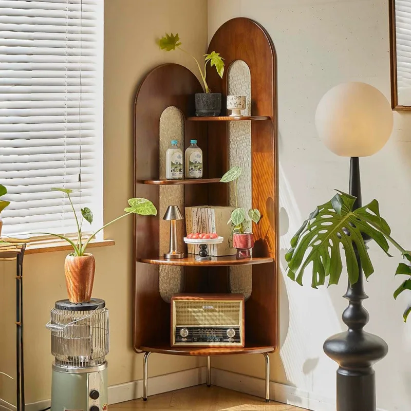 

Chinese retro rattan corner decoration shelf, living room sofa wall edge book cabinet, bedroom solid wood triple crutch screen