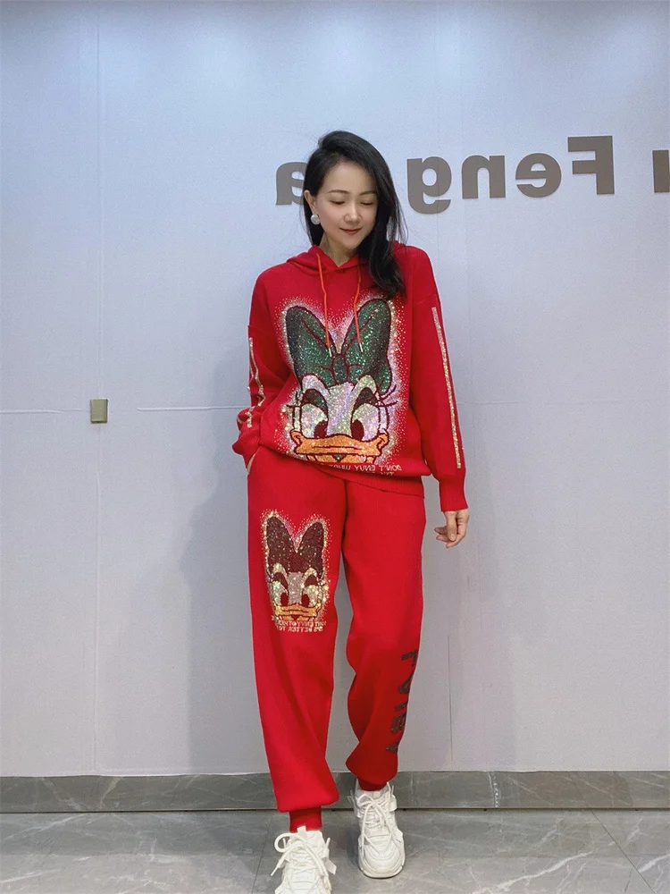 여성 플러스 사이즈 니트 모자 세트, 라인스톤 장식 캐주얼 봄 가을 투피스 세트, 긴 바지 후드 오버헤드 세트