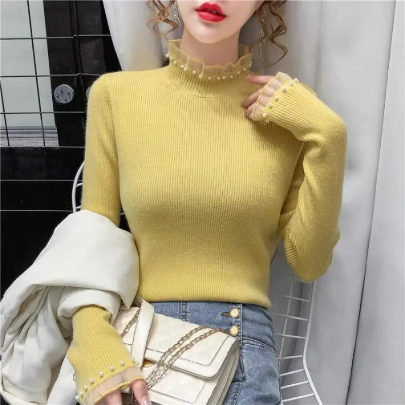 

Autumn Winter Slim Mock Neck Elastic Knitted Shirt Women Pullover Sweater Tops Female Long Sleeve Pearl Knit Bottoming Shirts