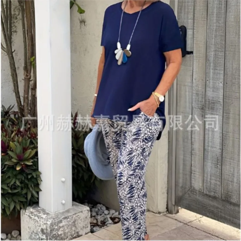 Moda elegante conjunto de duas peças para mulher 2025 cor sólida em torno do pescoço manga curta camiseta + calças impressas terno roupas de verão