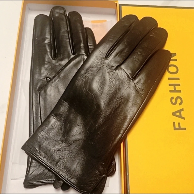 Men's Autumn Winter Natural Sheepskin Leather Thicken Warm Glove Fashion Genuine Leather Driving Glove