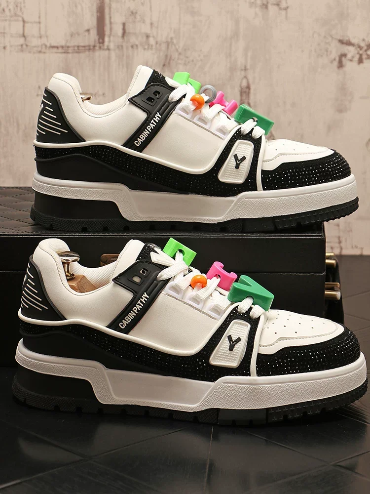 Sneakers Casual Mens Designer Punk Rhinestone Shoes Fashion Microfiber Leather Breathable Height Increased Flat Platform Shoes