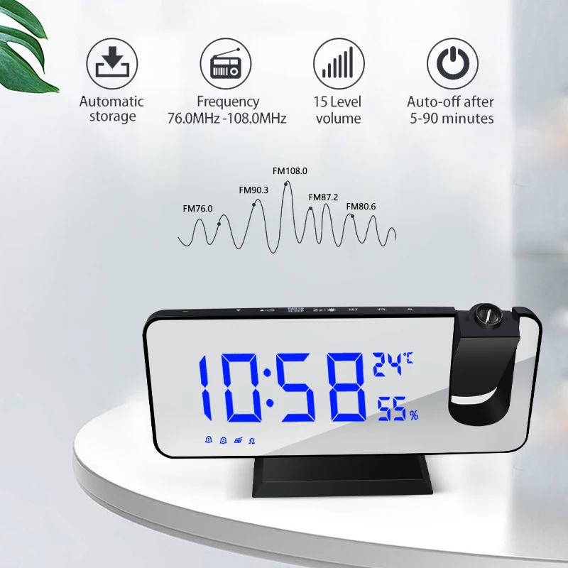 LED Digital Alarm Clock Table Watch Electronic Desktop Clocks USB Wake Up FM Radio Time Projector Snooze Function 2 Alarm