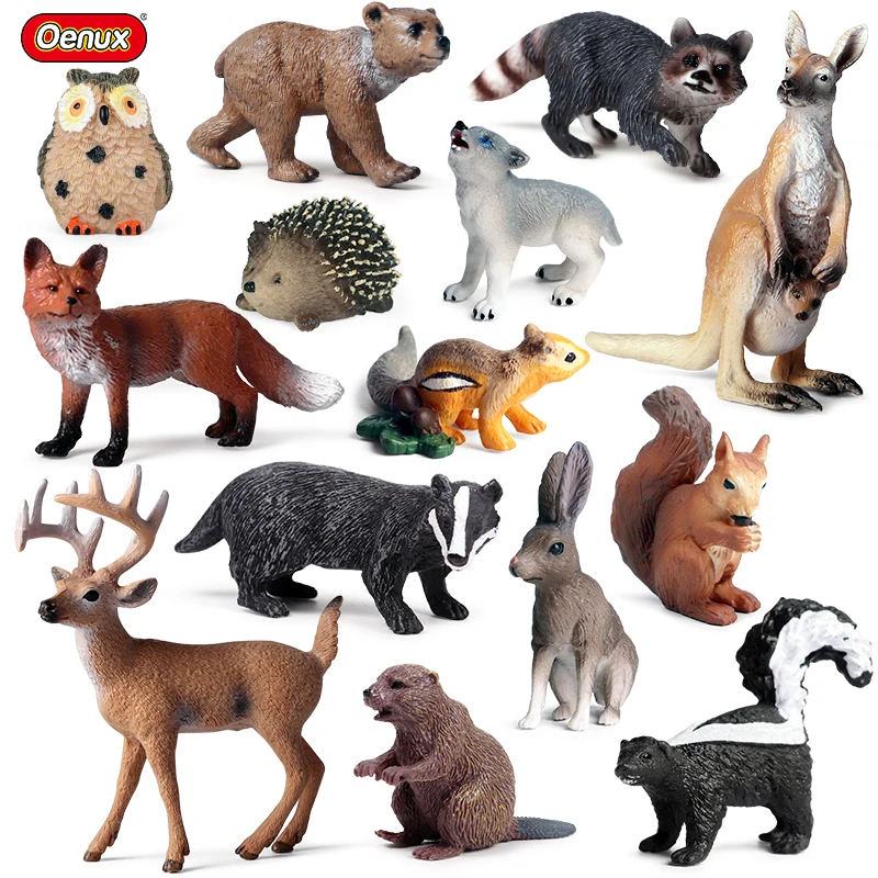 

Oenux 14PCS Wild Animals Forest Owl Fox Deer Kangaroos Wolf Action Figure Model Miniature Cake Toppers Education Toy Kids Gift