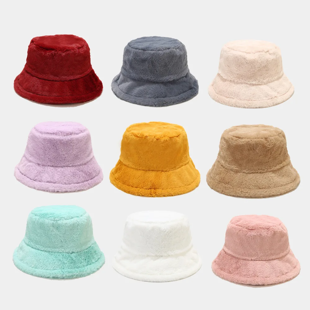 

Winter Rabbit Plush Fisherman Hats for Women Solid Color Windproof Soft Faux Fur Bucket Hat Outdoor Wide Brim Panama Hat