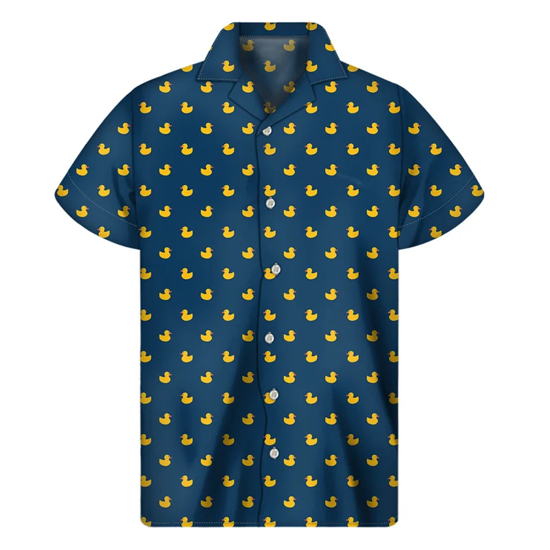 Cute Yellow Rubber Duck Graphic Shirt Men 3D Print Hawaiian Shirts Summer Button Short Sleeve Tops Loose Lapel Aloha Blouse