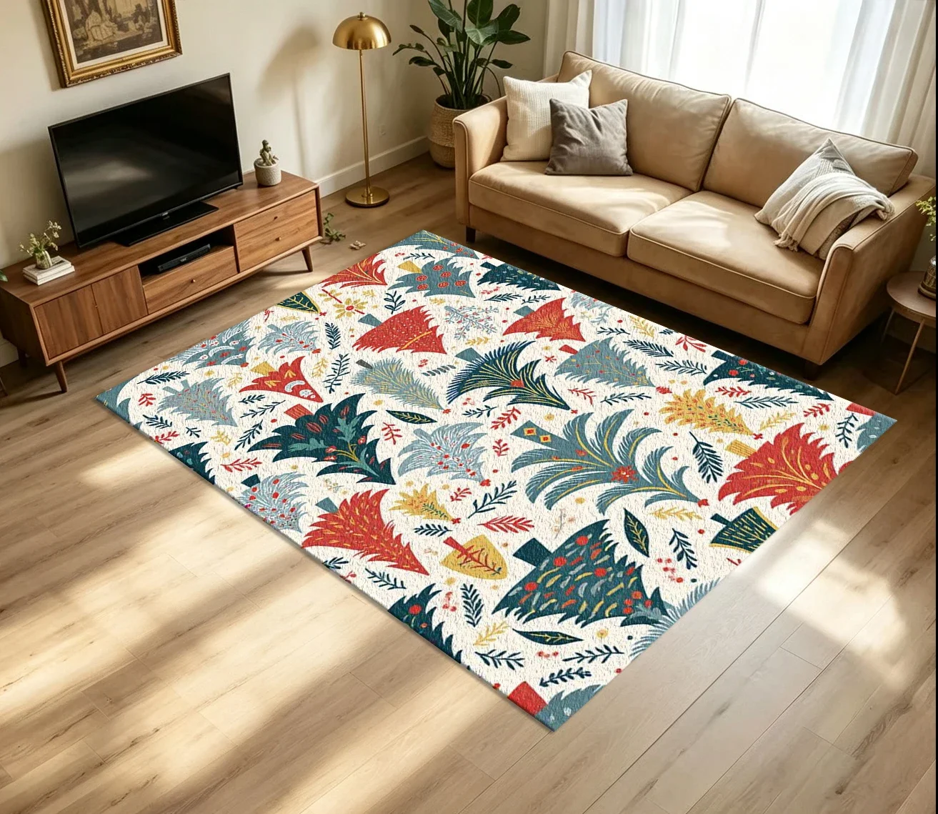Bohemian Christmas Tree Carpet Flooring Colorful Hand Drawn Festive Pine Tree Repeating Pattern Printed Floor Rug for Household